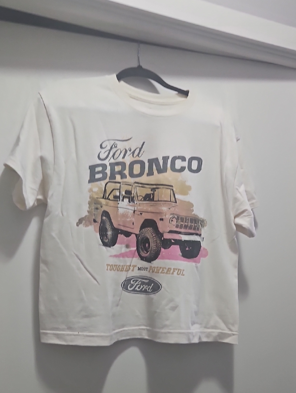 Ford Cropped Cream Tee with Bronco Graphic and Pink & Tan Accents